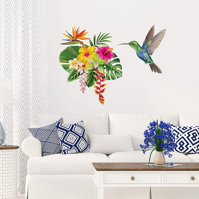 Tropical Flower and Hummingbird Wall Sticker for Living Room and Bedroom 20 x 25 cm