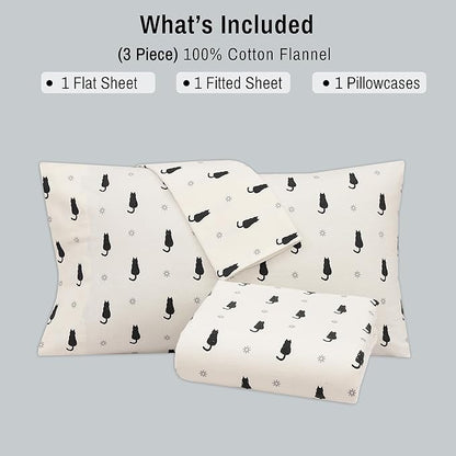 RUVANTI Flannel Sheets Twin XL Size - 100% Cotton Double Brushed Twin XL Sheet Sets, Deep Pockets 16 Inches, All Seasons Breathable & Extra Soft Bed Sheets, Warm & Cozy, 3 Piece, Black Cat