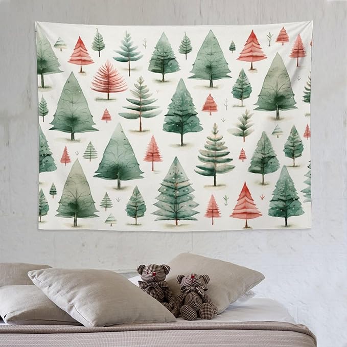 MaSiledy Vintage Christmas Tree Watercolor Tapastry's Wall Hanging Xmas Rustic Winter Holiday Tapestry for Bedroom Aesthetic Landscape Tapestry Wall Hanging for Bedroom Living Room Dorm Decor 60"x80"