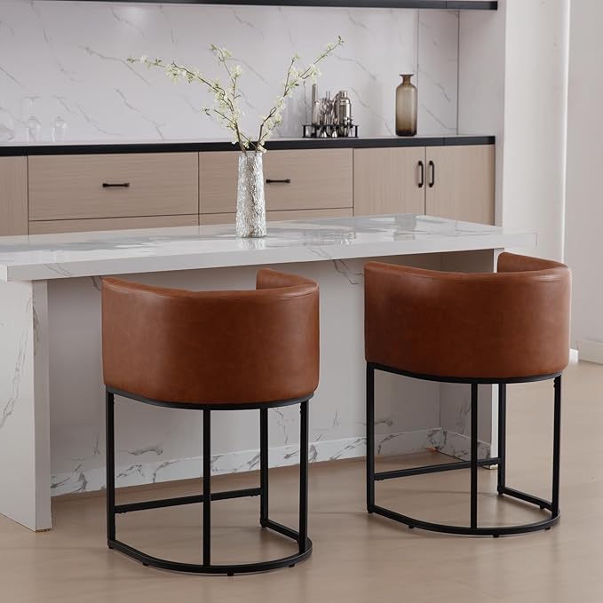 Modern Counter Height PU Leather Upholstered Bar Stools Set of 3, 24" Kitchen Counter Island Stools Bar Chairs with Black Metal Frame, Brown