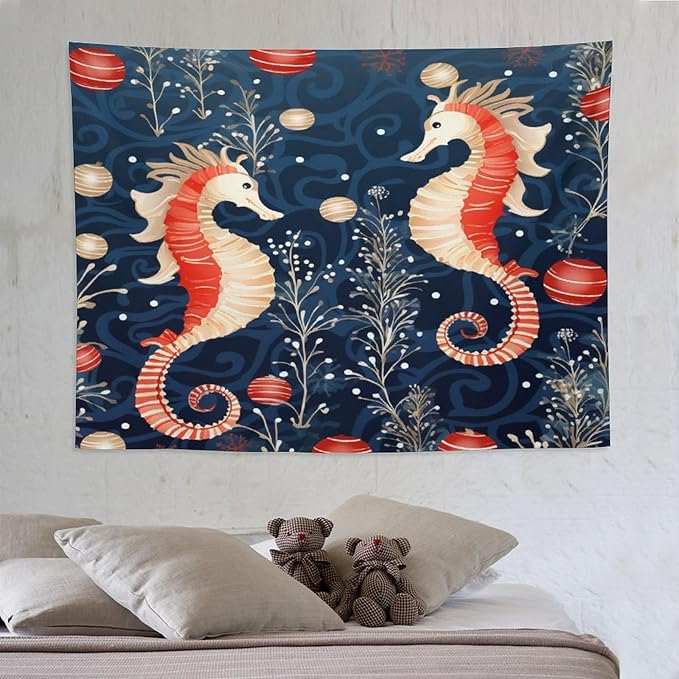 MaSiledy Seahorse Christmas Kiss Beach Tapestry As Wall Art Coastal Nautical Vintage Aesthetic Tapestry Wall Hanging Landscape Tapestry Wall Decor for Bedroom Living Room Dorm 60"x80"