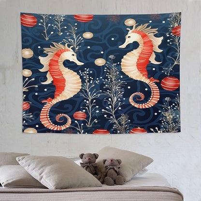 MaSiledy Seahorse Christmas Kiss Beach Tapestry As Wall Art Coastal Nautical Vintage Aesthetic Tapestry Wall Hanging Landscape Tapestry Wall Decor for Bedroom Living Room Dorm 60"x80"