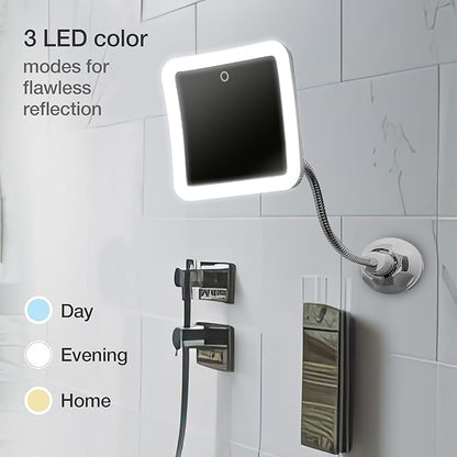 Fancii 10x Flexible Magnifying Mirror with 3 LED Light Settings, Rechargeable - Gooseneck Lighted Makeup Mirror for Bathroom, Locking Suction Mount, Cordless, 360° Rotatable (Mira 2 Plus)