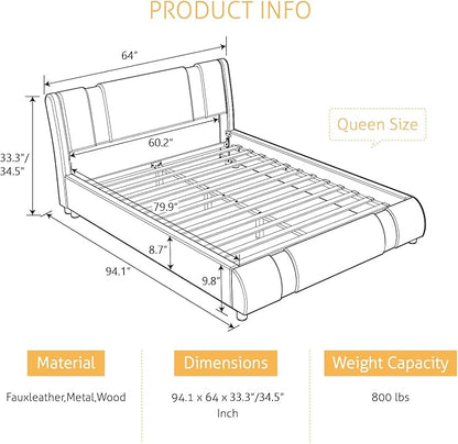 SHA CERLIN Modern Faux Leather Queen Bed Frame with Adjustable Headboard and Iron Accents, Deluxe Upholstered Platform Bed with Solid Wooden Slats Support/No Box Spring Needed, Black