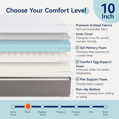 Amazon Basics Memory Foam Mattress, Soft Plush Feel, 10 Inch, Queen, White/Grey