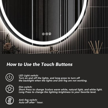 ROOMTEC LED Mirror,28" Round Backlit & Front-lit Vanity, Adjustable 3000K/4000K/6000K, Anti-Fog, Smart Touch, Stepless Dimmable
