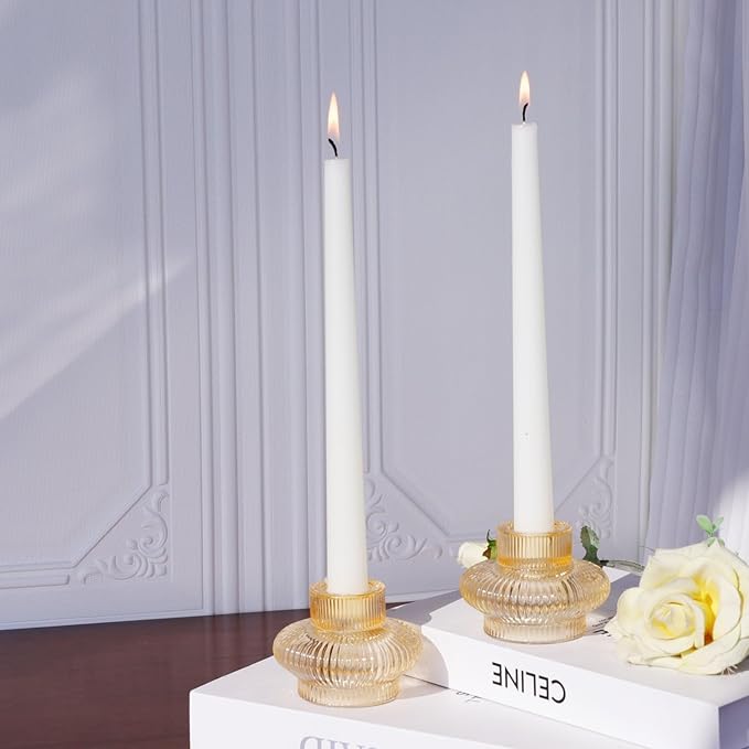 VOHO Champagne Gold Taper Candle Holders for Table Centerpiece, Classic Ribbed Candlestick Holders for Birthday Party Wedding Decor, Versatile Glass Candle Holder for Tealights/Taper Candles(Set of 6)