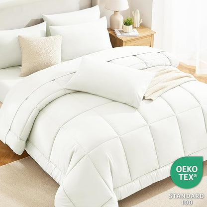 CozyLux Full Size Comforter Set Ivory - 7 Pieces Bed in a Bag, Cream Off White Comforter Full Size, Bedding Sets with All Season Quilted Comforter, Flat Sheet, Fitted Sheet, Pillowcases