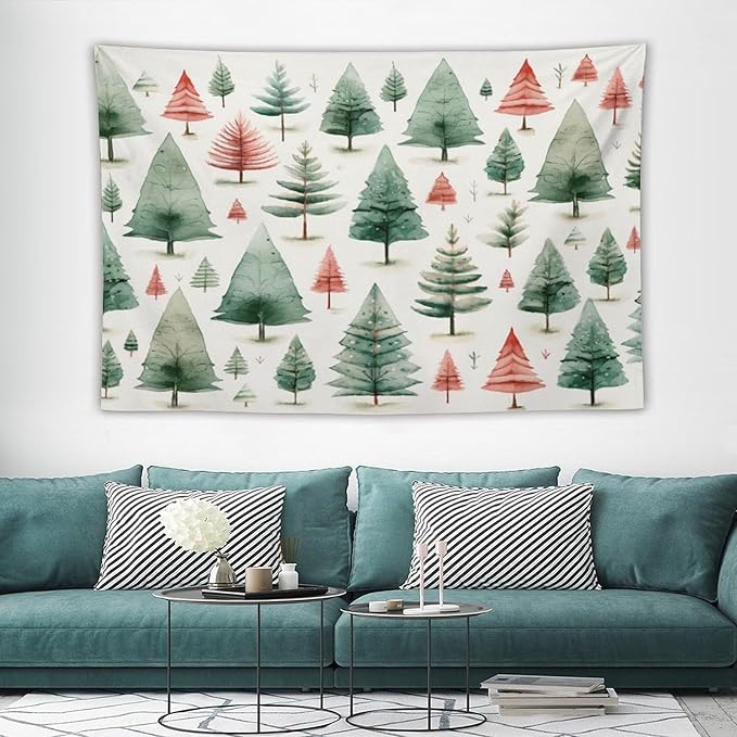 Tapestry Vintage Christmas Tree Watercolor Wall Hanging Wall Tapestry Aesthetic Winter Holiday Tapastry's Wall Hanging Wall Hanging Decor for Bedroom Landscape 60"x90" Christmas Family Party