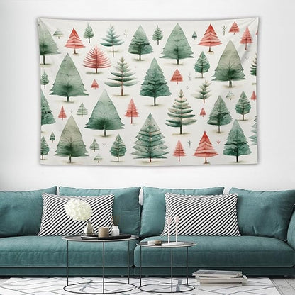 Tapestry Vintage Christmas Tree Watercolor Wall Hanging Wall Tapestry Aesthetic Winter Holiday Tapastry's Wall Hanging Wall Hanging Decor for Bedroom Landscape 60"x90" Christmas Family Party