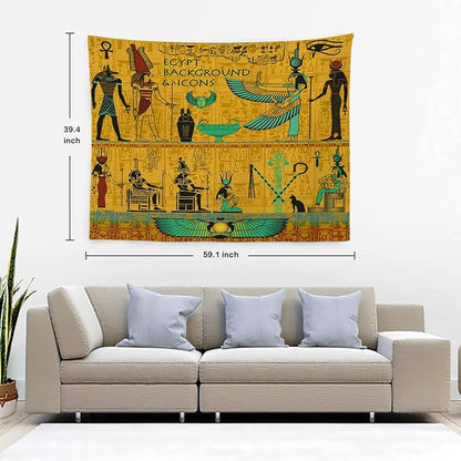 Batmerry Yellow Ancient Egyptian Tapestry, Horus Wall Art Hanging Decoration Polyester Fiber White Ruffled Around for Dorm Room Bedroom Living Room, 39.1x59.1 inches