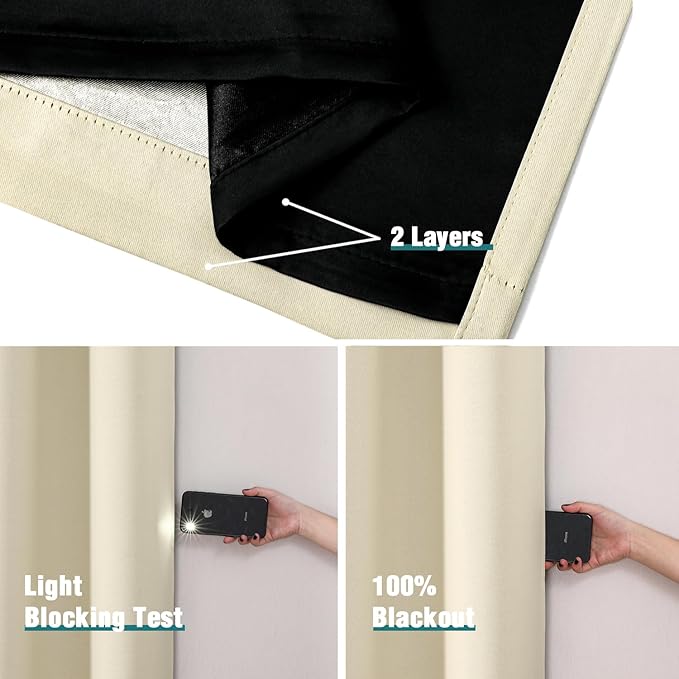 ChrisDowa 100% Blackout Curtains 45 inch Long for Bedroom with Black Liner, 2 Thick Layers Total Blackout Thermal Insulated Grommet Window Curtains 2 Panels Set (Light Beige, 42 x 45 Inch)