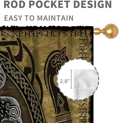 Norse Viking Curtains, Nordic Warriors Sword Celtic Rune Scandinavian Aesthetic Nation Valknut Mythology Window Drapery for Bedroom Living Room Bathroom 2 Panels, 63"x63" Inch