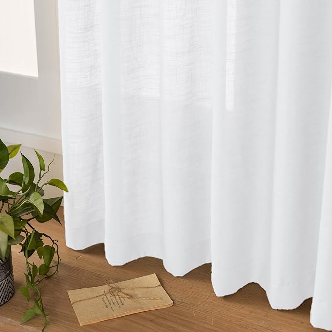 White Sheer Linen Pinch Pleated Sliding Door Curtains, 2x50 Inches Width, Cotton Look Light Filtering Drapes 96 Inches Long, Soft Textured Modern Farmhouse Window Curtain Panels
