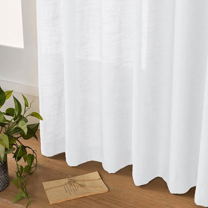 White Sheer Linen Pinch Pleated Sliding Door Curtains, 2x50 Inches Width, Cotton Look Light Filtering Drapes 84 Inches Long, Soft Textured Modern Farmhouse Window Curtain Panels