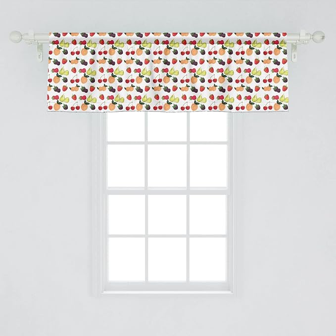 Lunarable Fruit Window Valance Pack of 2, Fresh Natural Themed Pears Cherries Grapes Peach Berry Strawberries Art Image, Rod Pocket Curtain Valances for Kitchen Bedroom, 54" X 18", Green Red
