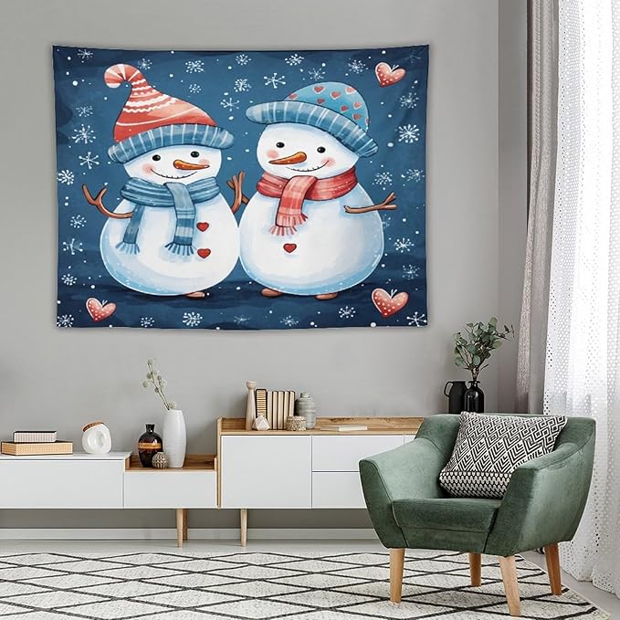MaSiledy Tapestry Snowman Couple Tapestries for Bedroom Aesthetic Christmas Cute Snowman Tapestry As Wall Art Wall Hanging Decor for Bedroom Landscape 60"x80" Xmas Wall Hanging Polyester Tapestries