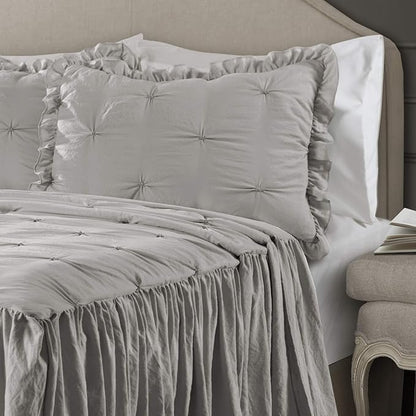 Lush Decor Ravello Pintuck Ruffle Skirt Bedspread Set - Luxe 3 Piece Ruffled Bedding Set - Traditional Glam & Farmhouse Inspired Bedroom Decor - Queen, Light Gray