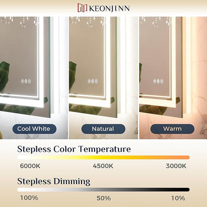 Keonjinn LED Bathroom Mirror 60" x 30" with Frontlit and Backlit, Tempered Glass Stepless 3 Colors Temperature & Dimmable Large Vanity Mirror, UL Listed LED Driver, Double Lights, Anti-Fog Wall Mirror