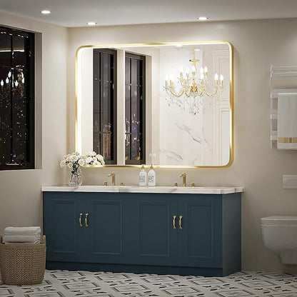 48X36 Inch LED Bathroom Mirror,Wall Mounted Lighted Vanity Mirrors with Non-Rusting Gold Metal Frame Anti-Fog Memory Funtion Stepless Dimmable(Horizontal/Vertical)