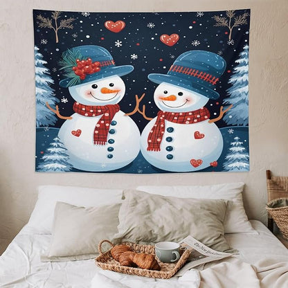 Tapestry Wall Hanging Snowman Couple Tapestry Cute Snowman with Hat And Scarf Tapestry Vintage Aesthetic Tapestries Wall Hanging for Living Room Dorm 60"x80" Tapestries Winter Snowflake Decorative