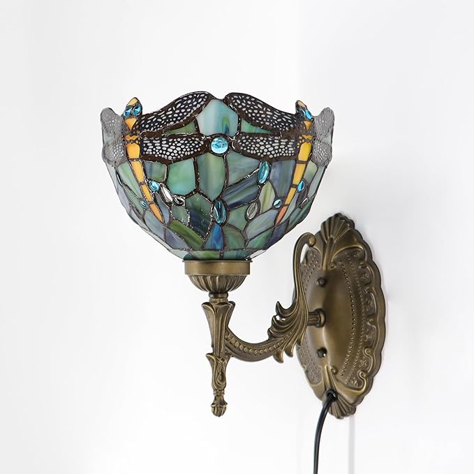 Tiffany Sconce Lamp Stained Glass Wall Lamp,8X10.5X11 Inch Plug in Wall Bedside Light for Hallway Bedroom (Brown Dragonfly)