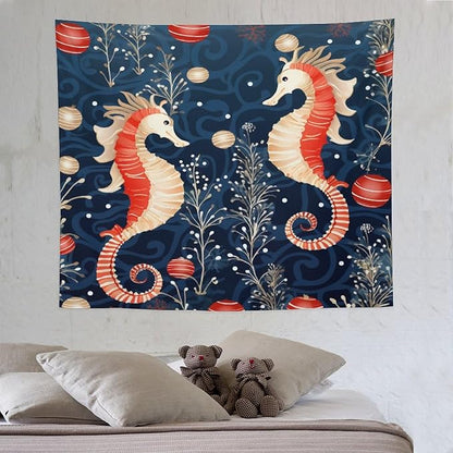 Tapestry Seahorse Christmas Kiss Beach Tapestry Aesthetic Vintage Ocean Seahorse Tapastry's Wall Hanging Wall Tapestry for Dorm Living Room Landscape 50"x60" Tapestries Winter Snowflake Decorative