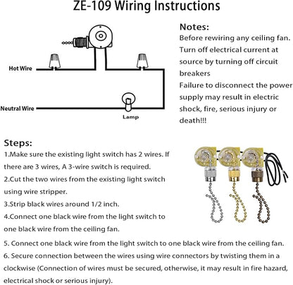 Ceiling Fan Light Switch Zing Ear ZE-109 Two-Wire With Pull Cords for Fans, Lamps and Wall Lights - Pull Chain Control Replacement On-Off, 2 Pcs Bronze