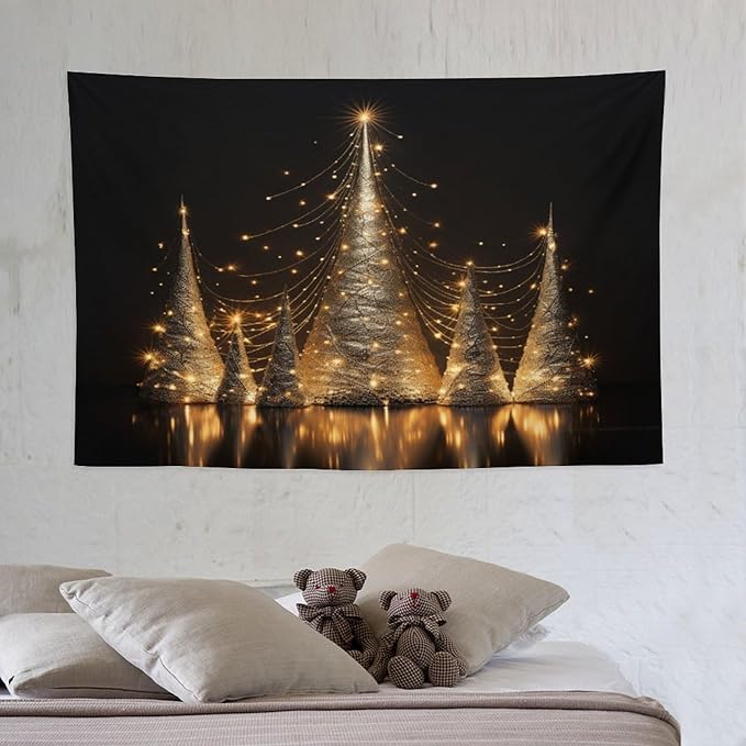 MaSiledy Tapestry Silver Lighted Christmas Trees Vintage Aesthetic Tapestry Wall Hanging Hello Winter Holiday Tapestries Wall Hanging for Bedroom Living Room Dorm Landscape 40"x60"