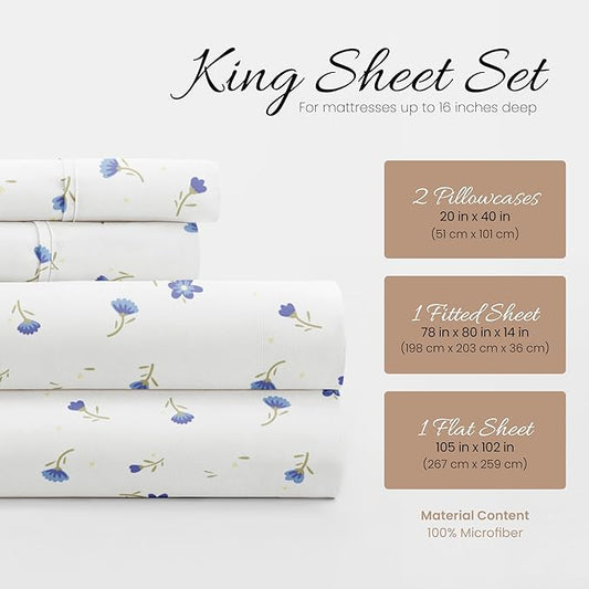 Linen Market Double-Brushed Patterned Microfiber King Sheet Set 4 Piece – Oeko-TEX Certified Ultra Soft & Wrinkle-Free - 16" Deep Pocket Sheets - Easy Care King Size - Soft Floral Light Blue