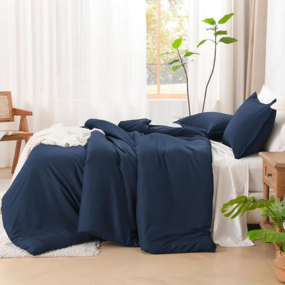 Litanika Navy Blue Comforter Set Queen Size, 3 Pieces Lightweight Solid Bedding Comforter Set, All Season Fluffy Bed Set (90x90In Comforter & 2 Pillowcases)