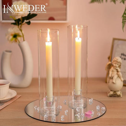 Glass Hurricane Candle Holder: 11.8" Tall Candlestick Holder with Cylinder Windproof Cover Clear Taper Candle Holders for Wedding Party Birthday Christmas Home Decor Set of 2