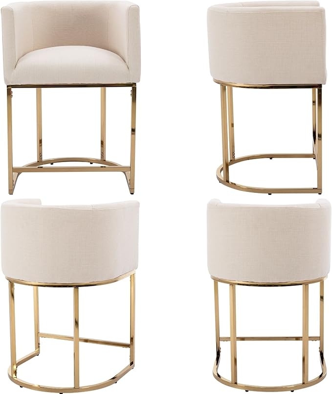 Modern Counter Height Linen Upholstered Bar Stools Set of 2, 24" Kitchen Counter Island Stools Bar Chairs with Gold Metal Frame for Kitchen Island, Cream