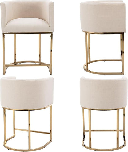 Modern Counter Height Linen Upholstered Bar Stools Set of 4, 24" Kitchen Counter Island Stools Bar Chairs with Gold Metal Frame for Kitchen Island, Cream