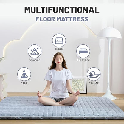 Japanese Floor Mattress Twin, Anti-Slip Japanese Futon Foldable Tatami Mat for Guests, Grey