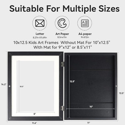 Kids Artwork Frames Changeable - Front Opening Holds 150, Children Art Projects, 10x12.5 Picture Frame for Display, With Storage (Black)