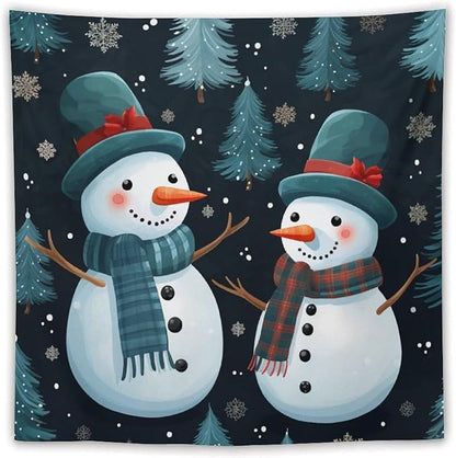 MaSiledy Wall Tapestries Snowman Couple Tapestry Winter Snowflake Cute Cartoon Funny Snowman Vintage Aesthetic Tapestry Wall Hanging Wall Decor for Bedroom Living Room Dorm 60"x60"