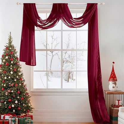 MIULEE Christmas Luxury Window Scarf Sheer Voile Elegant Topper Long Window Valance Solid Window Treatment Swags Drapes for Window Ceremony Wedding Canopy Bed 54" x 216" Maroon Red 1 Piece