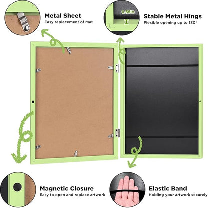 KINLINK 10x12.5 Kids Art Frames Set of 2, Solid Wood Kids Artwork Frames Changeable with Acrylic Front Opening Holds 150 Pictures, Art Frame for Kids Artwork with Mat or without Mat, Light Green