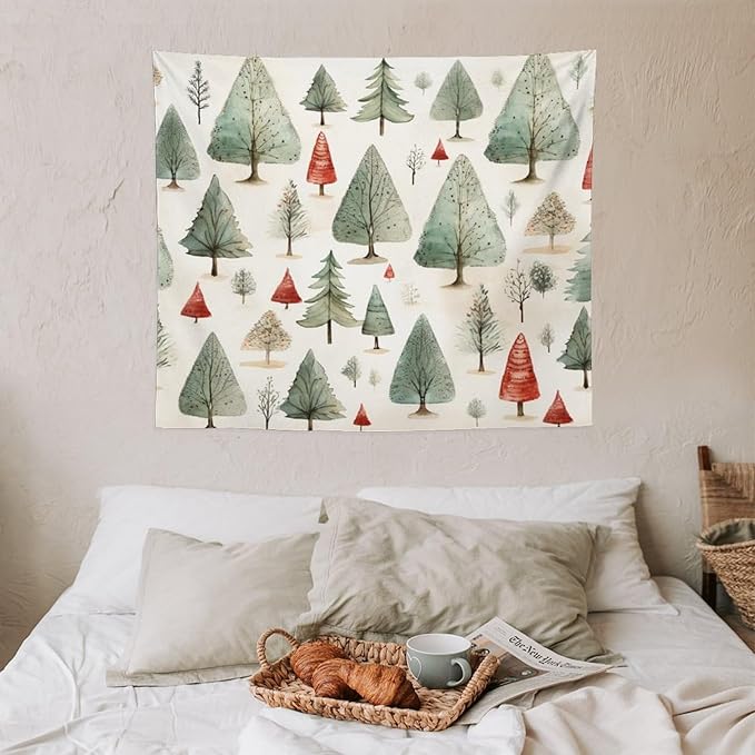 MaSiledy Vintage Christmas Tree Watercolor Tapestry As Wall Art Rustic Style Nature Forest Tapestry for Bedroom Aesthetic Landscape Tapestry Wall Hanging Decor for Bedroom 50"x60"