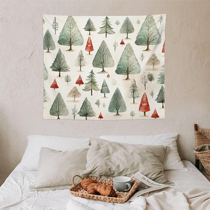 MaSiledy Vintage Christmas Tree Watercolor Tapestry As Wall Art Rustic Style Nature Forest Tapestry for Bedroom Aesthetic Landscape Tapestry Wall Hanging Decor for Bedroom 50"x60"