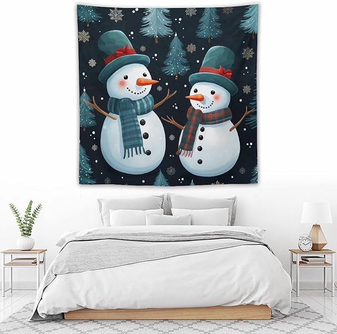 MaSiledy Wall Tapestries Snowman Couple Tapestry Winter Snowflake Cute Cartoon Funny Snowman Vintage Aesthetic Tapestry Wall Hanging Wall Decor for Bedroom Living Room Dorm 60"x60"