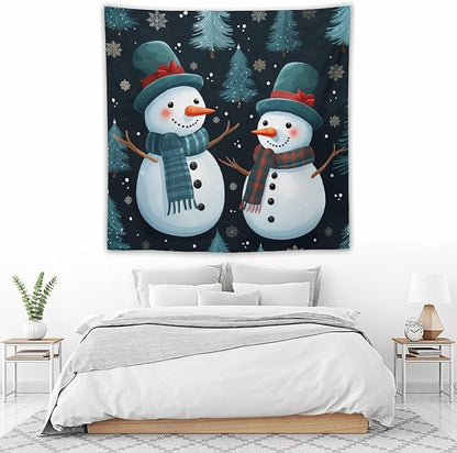 MaSiledy Wall Tapestries Snowman Couple Tapestry Winter Snowflake Cute Cartoon Funny Snowman Vintage Aesthetic Tapestry Wall Hanging Wall Decor for Bedroom Living Room Dorm 60"x60"