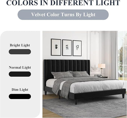 Allewie King Bed Frame/Velvet Upholstered Bed Frame with Vertical Channel Tufted Headboard/Strong Wooden Slats/Platform Bed Frame/Mattress Foundation/Box Spring Optional/Easy Assembly/Black