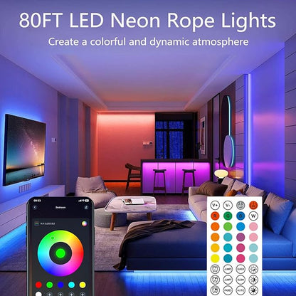 80FT (2 Rolls 40FT) Neon Rope Lights,Flexible Led Rope Lights Control with App/Remote,Multiple Modes Rope Lights,IP67 Outdoor Waterproof,Music Sync Light Strip for Bedroom