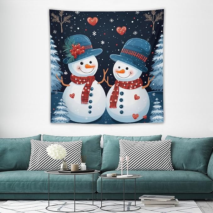 Tapestry Snowman Couple Wall Hanging Wall Tapestry Aesthetic Vintage Christmas Cute Snowman Tapestry Wall Hanging for Bedroom Aesthetic Home Decor Landscape 60"x60" Christmas Family Party