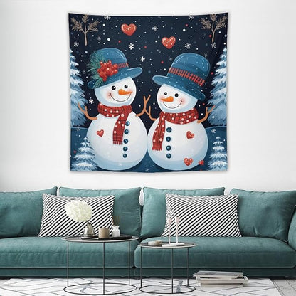 Tapestry Snowman Couple Wall Hanging Wall Tapestry Aesthetic Vintage Christmas Cute Snowman Tapestry Wall Hanging for Bedroom Aesthetic Home Decor Landscape 60"x60" Christmas Family Party