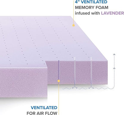Mellow 4 Inch Ventilated Memory Foam Mattress Topper, Soothing Lavender Infusion, CertiPUR-US Certified, Full
