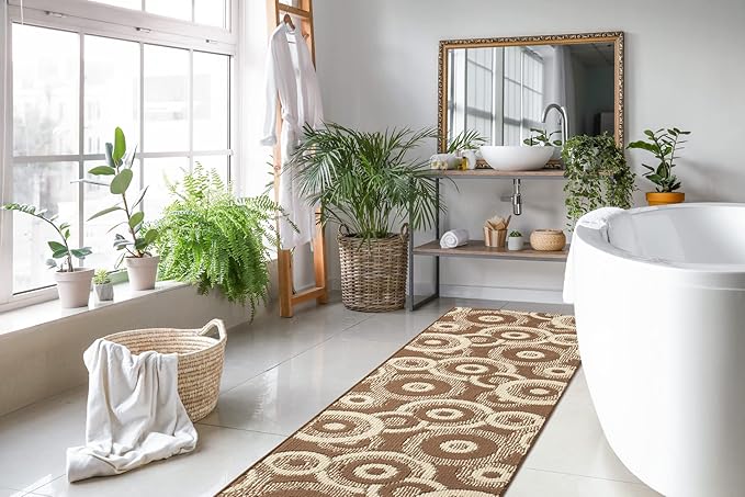 Custom Length Cut to Size Modern Farmhouse Carpet Runner Rug for Hallways, Non Slip Rubber Backed, 31 inch Wide X Customized Length, Geo Brown, 31 inch X 20 feet