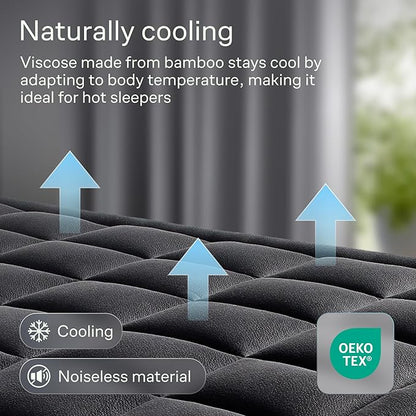 Ultra Soft Queen Size Mattress Topper - Viscose Made from Bamboo Pillow Top Mattress Pad for Back Pain Relief - Naturally Cooling for Hot Sleepers, Black